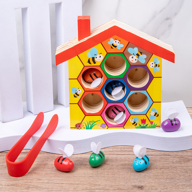 Montessori Shelf Toy - Wooden Bee House, Clamp Bee to